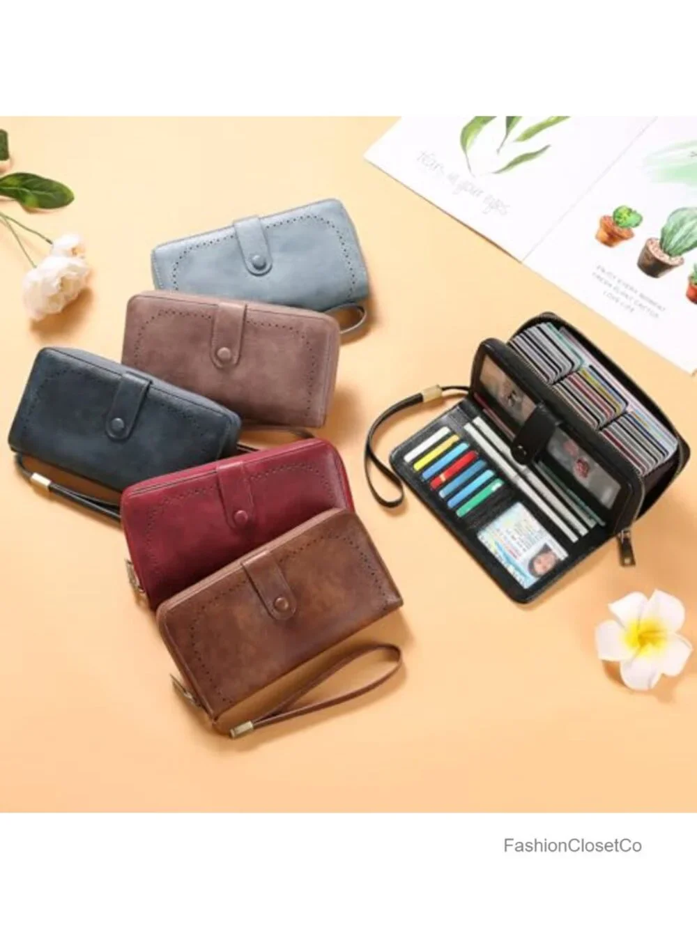PU Leather RFID Blocking Credit Card Holder Wallet with Wristlet 45 Slots